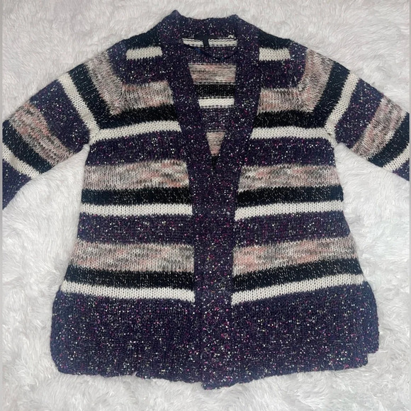 Lane Bryant Fuzzy Purple Confetti Striped Open Front 3/4 Sleeves Duster Cardigan - Picture 11 of 12